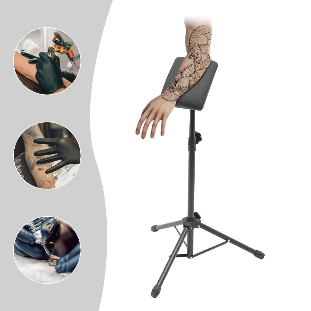 Tattoo Armrest Stand Adjustable Tripod with 15 Disposable Pads & 10 Gloves – 180° PU Padded Arm Leg Rest Portable Collapsible Support