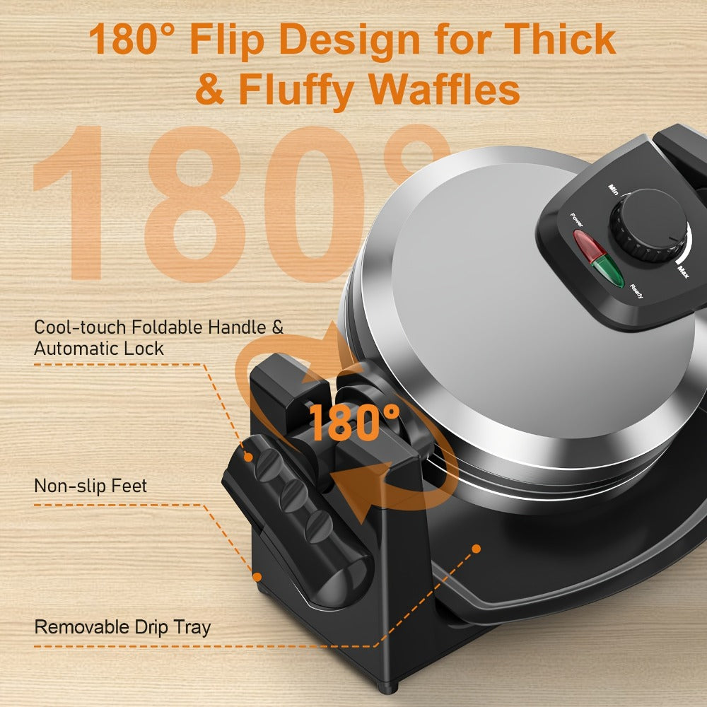 Belgian Waffle Maker 180° Rotating Flip Waffle Iron, Non-Stick Plates, Adjustable Browning Control, Removable Drip Tray, Cool Touch Handle