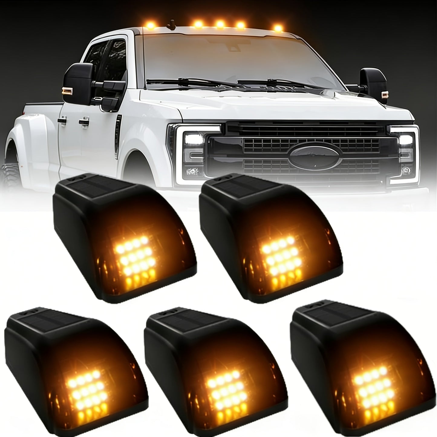 Solar Cab Roof LED Light Set, Five Adhesive-Mount Units in Green, Yellow or White with 13.5 cm Housings