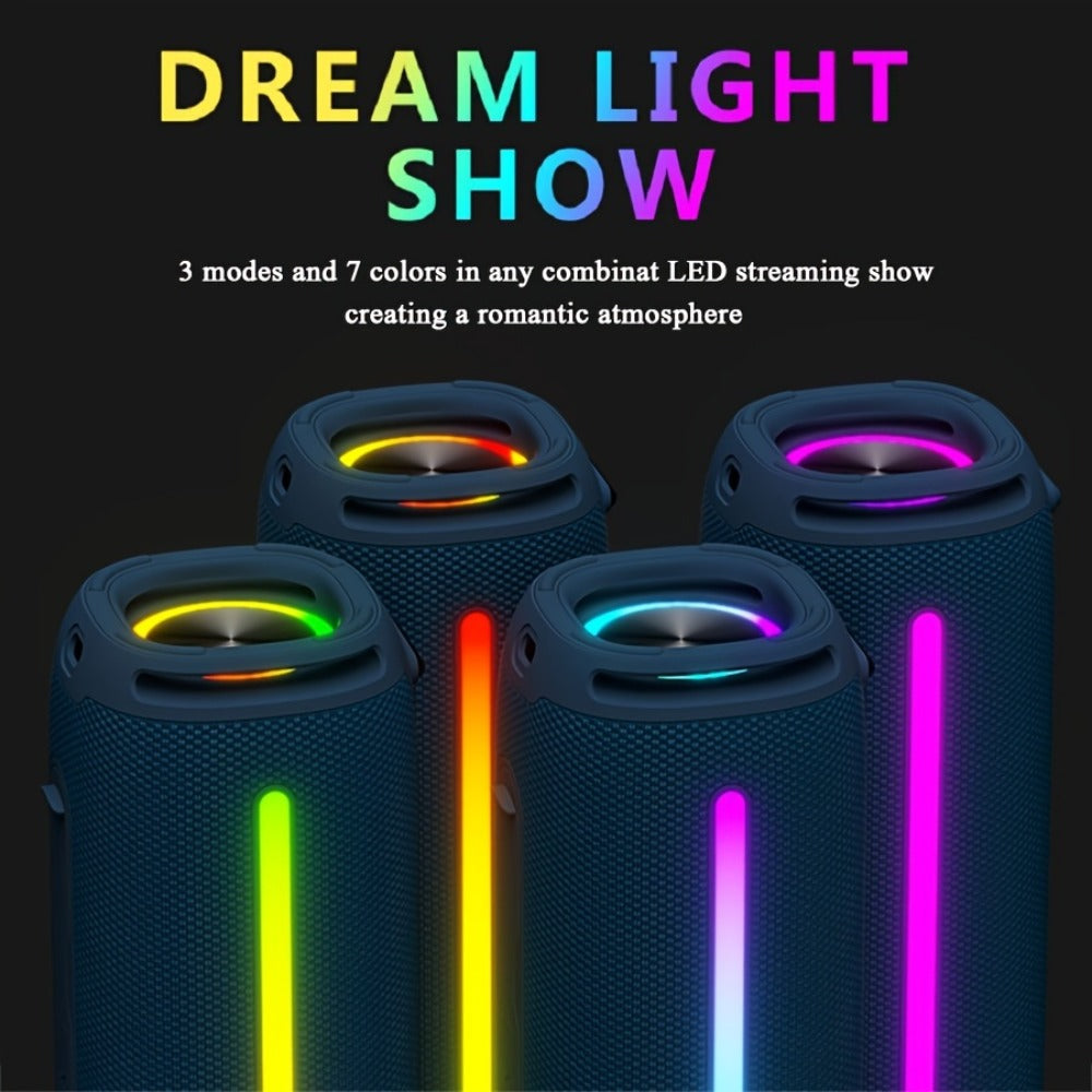 Portable Cylindrical Speaker in Black, Blue or Green with Carry Handle, Dual Light Bars and End-Ring Lighting