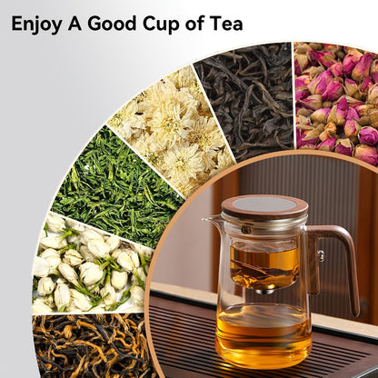 Glass Teapot with Infuser & Wooden Handle – Borosilicate Tea Kettle, One-Button Tea-Water Separation, Drip-Free Spout