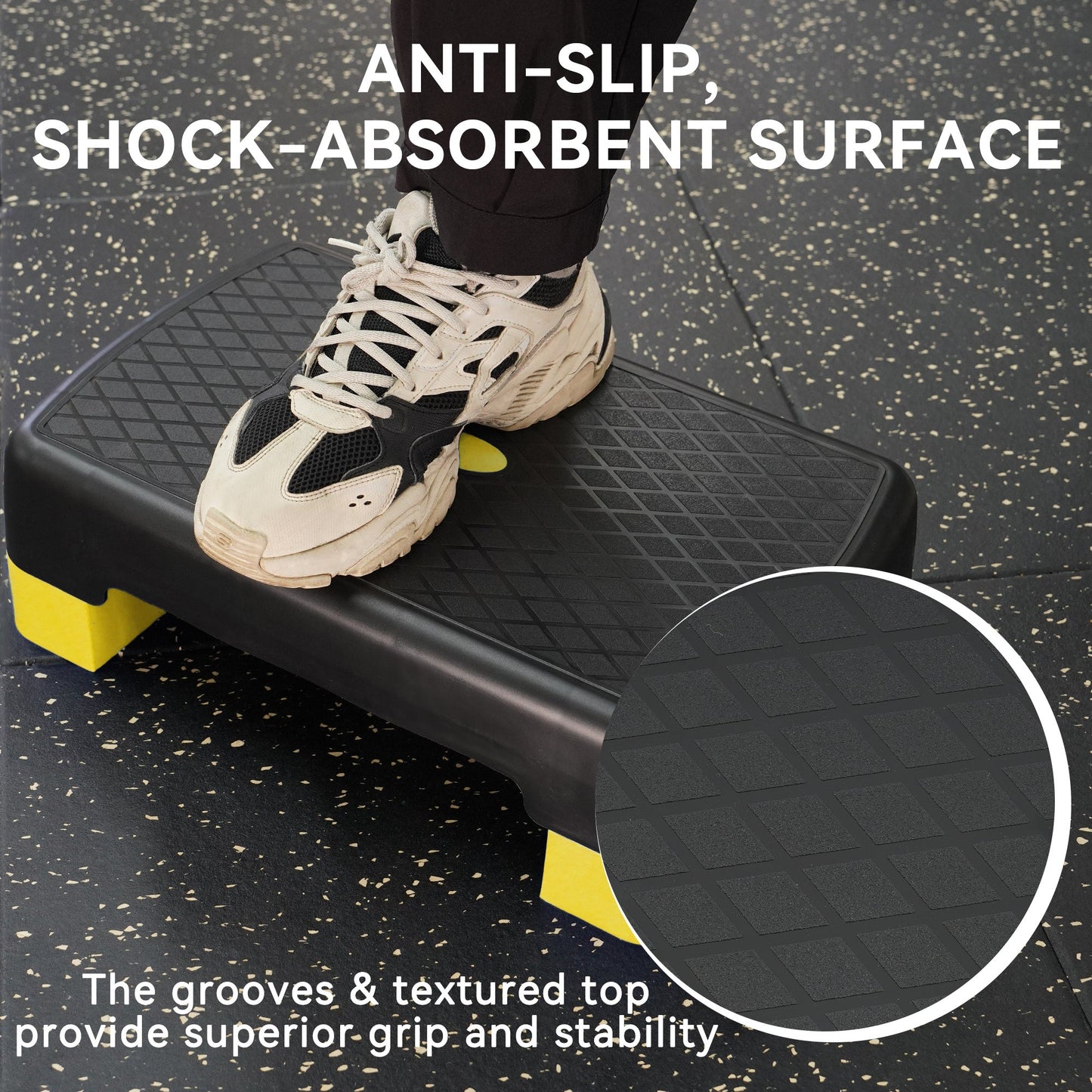 Aerobic Step Platform Adjustable Height with 2 Risers – Non-Slip Workout Stepper 18"x11", 440 LB Capacity