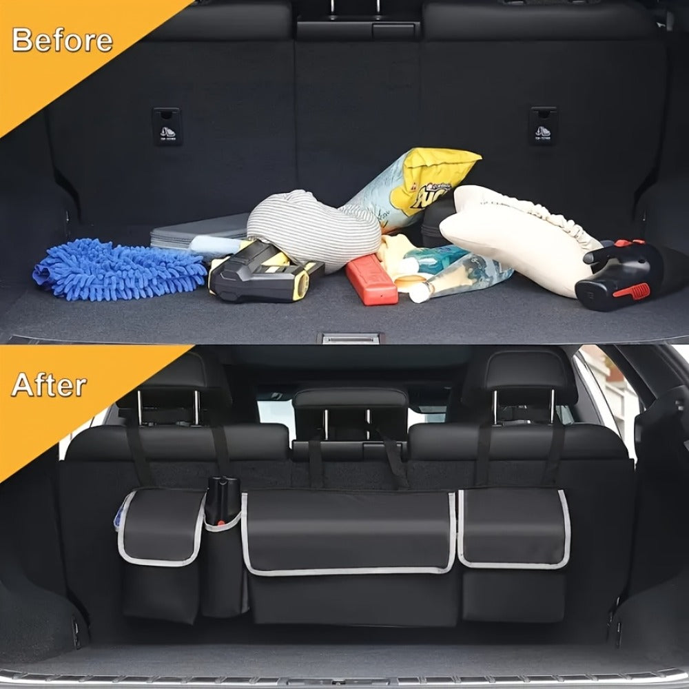 Rear Seat Hanging Car Trunk Organizer with Four Pockets, 36 x 14.2 x 4.7 Inches and Black Finish
