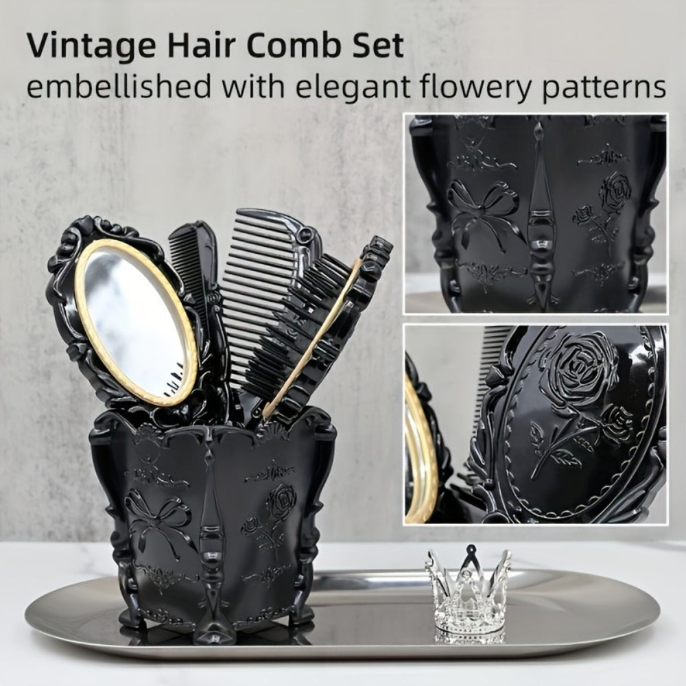 Retro Hair Comb Set with Mirror Scalp Massage Hairbrush Pocket Mirror Vintage Vanity Brush Set for Women Girls Travel Daily Grooming Makeup