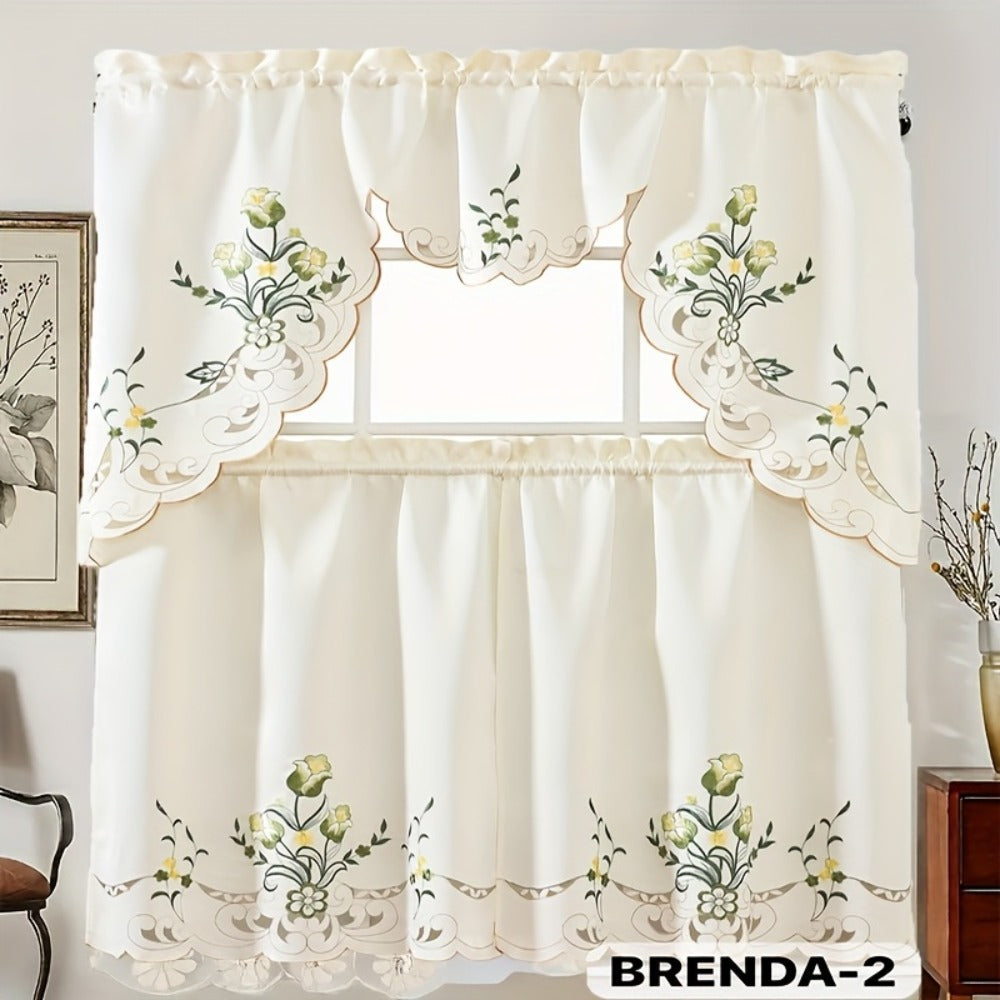 Kitchen Curtains 3 Piece Set Embroidered Satin Valance and Tiers – Rod Pocket Light Filtering Machine Washable 46 Colors