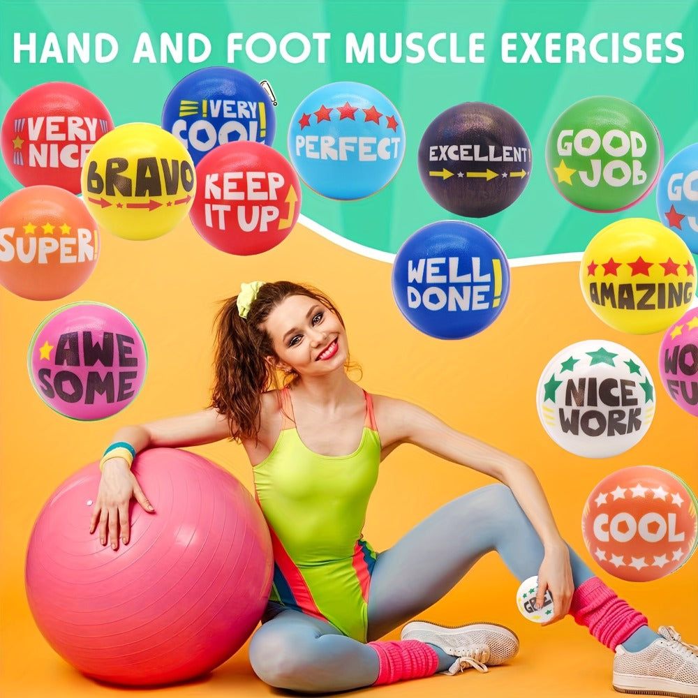 Motivational Squeeze Stress Balls 24 Pack Multicolor, 2.48" Squishy Balls with Positive Affirmation Slogans for Classroom Prizes