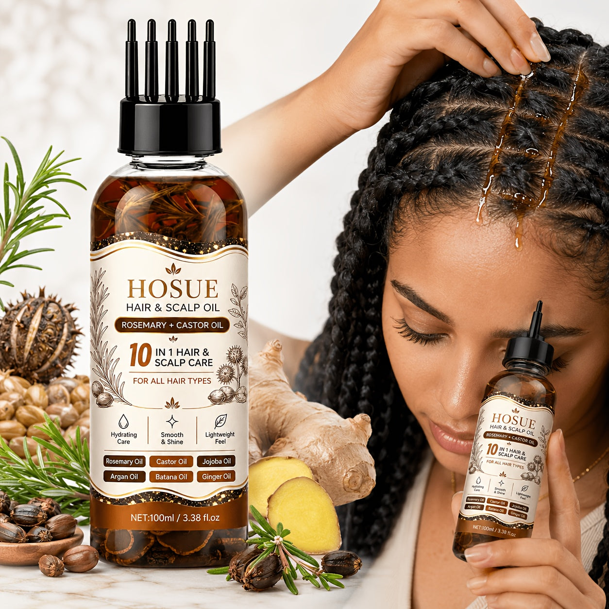 Hair Growth Oil 10-in-1 Botanical Herbal Blend Batana Rosemary Fenugreek Castor Red Onion Ginseng Turmeric Pumpkin Seed Nourishes