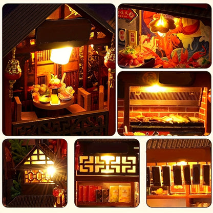 Book Nook Kit Chinese Food Street Miniature Dollhouse 3D Wooden Puzzle Bookshelf Insert DIY Model Building Set for Adults Teens
