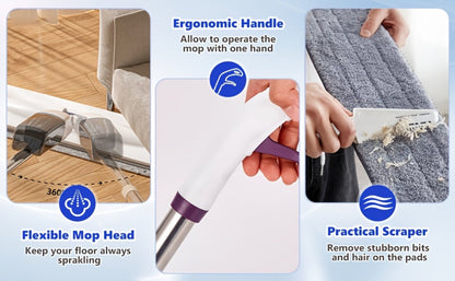Spray Mop with 3 Microfiber Carbon Fiber Pads Water Spraying Flat Mop Wet Dry Dual Use Floor for Entryways, Bedrooms and Living Spaces