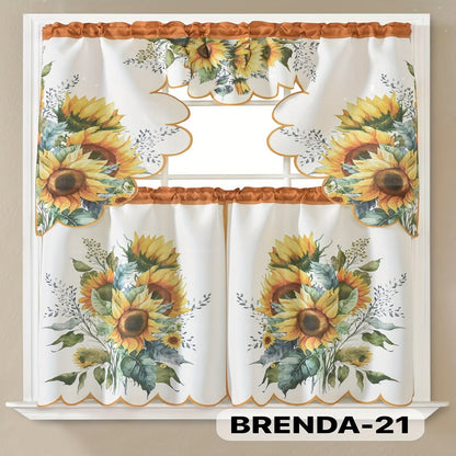 Kitchen Curtains 3 Piece Set Embroidered Satin Valance and Tiers – Rod Pocket Light Filtering Machine Washable 46 Colors