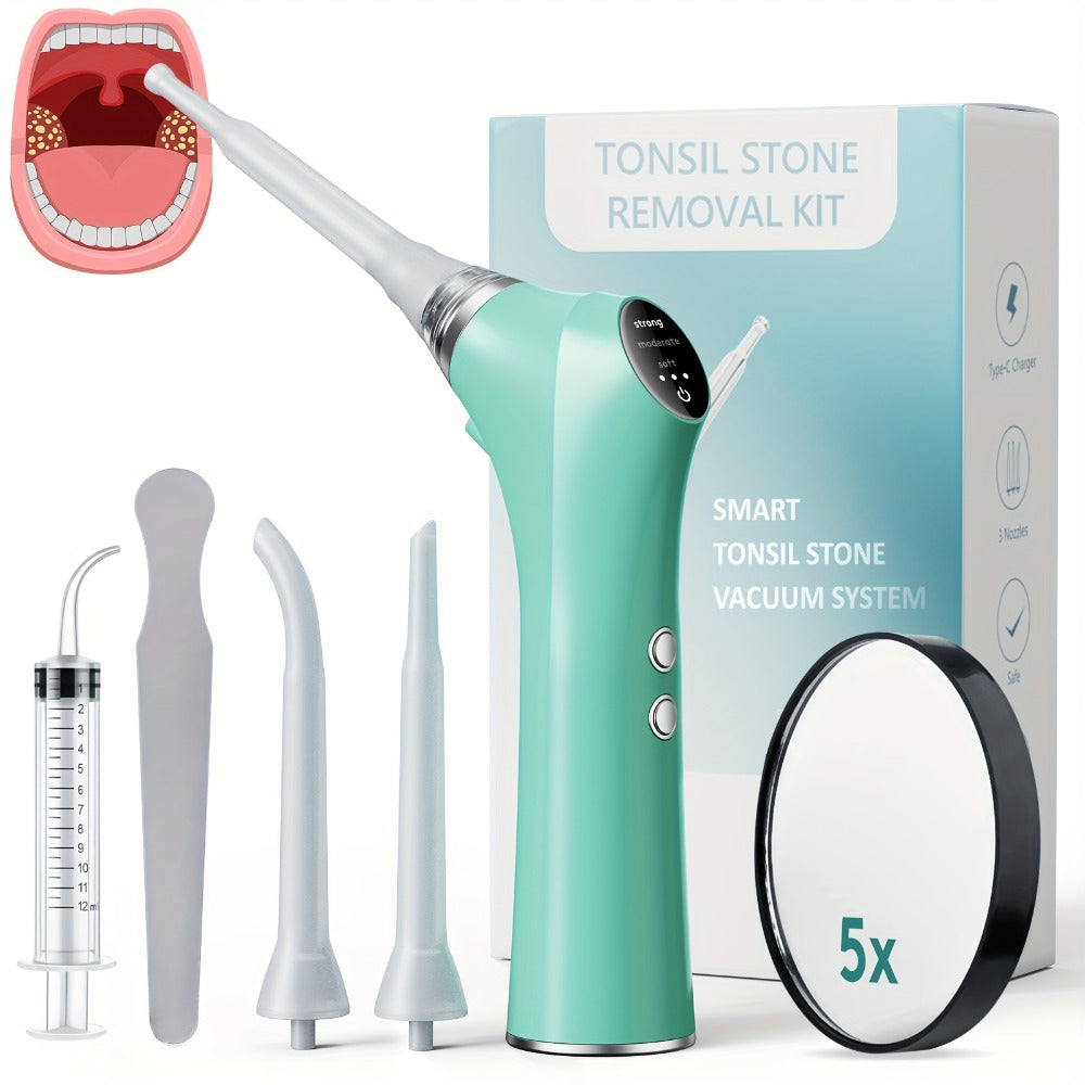 Tonsil Stone Remover Electric Vacuum Kit with LED Light – 3 Suction Modes 5X Magnifying Mirror Oral Irrigator Safe Gentle Tonsillolith