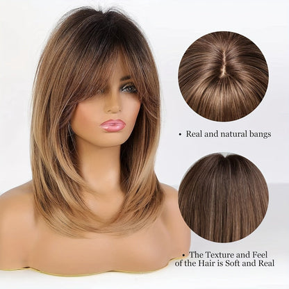 Wig Long Straight Layered Style in Dark Brown, 18-Inch Synthetic Fiber with Bangs and Rose Net Cap