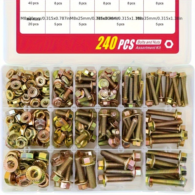 Metric Flange Bolt Nut Assortment Kit 240pcs – M5 M6 M8 Alloy Steel Hex Screws & Nuts Set in 14 Sizes Corrosion-Resistant for DIY Repair