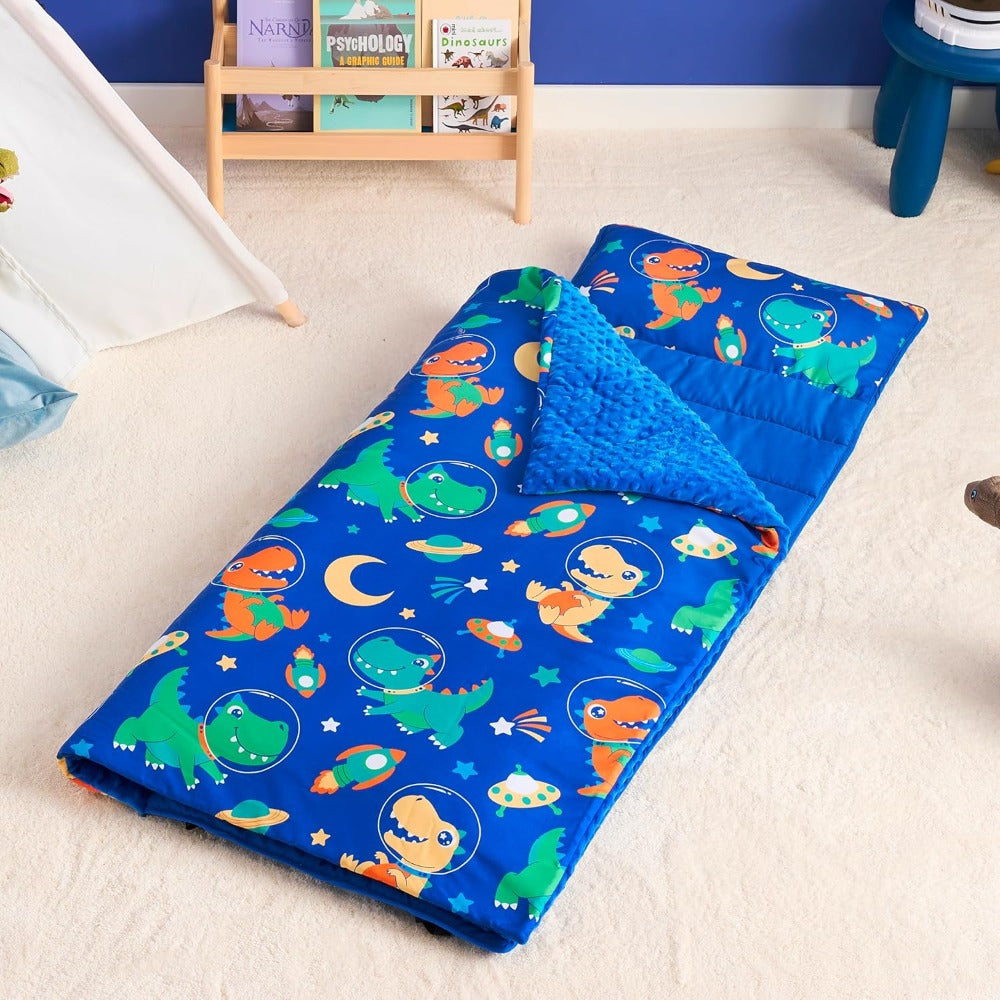 Kids Nap Mat with Removable Pillow & Minky Blanket - Roll-Up Sleeping Bag for Boys Girls, Blue Dinosaur Design