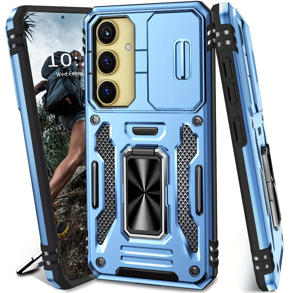 Samsung Galaxy Shockproof Magnetic Phone Case with 360° Rotating Ring Bracket & Sliding Lens Protector – Heavy Duty Cover for S24FE S23FE