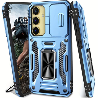 Samsung Galaxy Shockproof Magnetic Phone Case with 360° Rotating Ring Bracket & Sliding Lens Protector – Heavy Duty Cover for S24FE S23FE