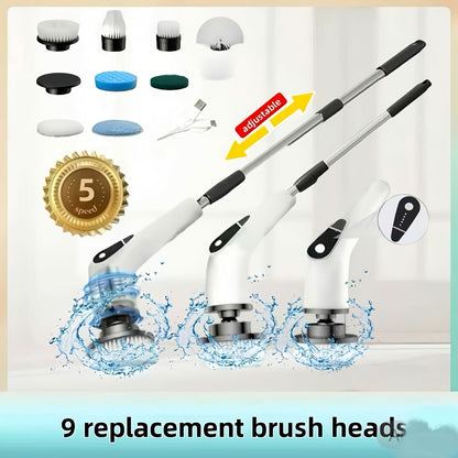 Electric Spin Scrubber with 9 Interchangeable Brush Heads 5 Speed Settings & 3 Extendable for Home Cooking, Dining and Outdoor Meals
