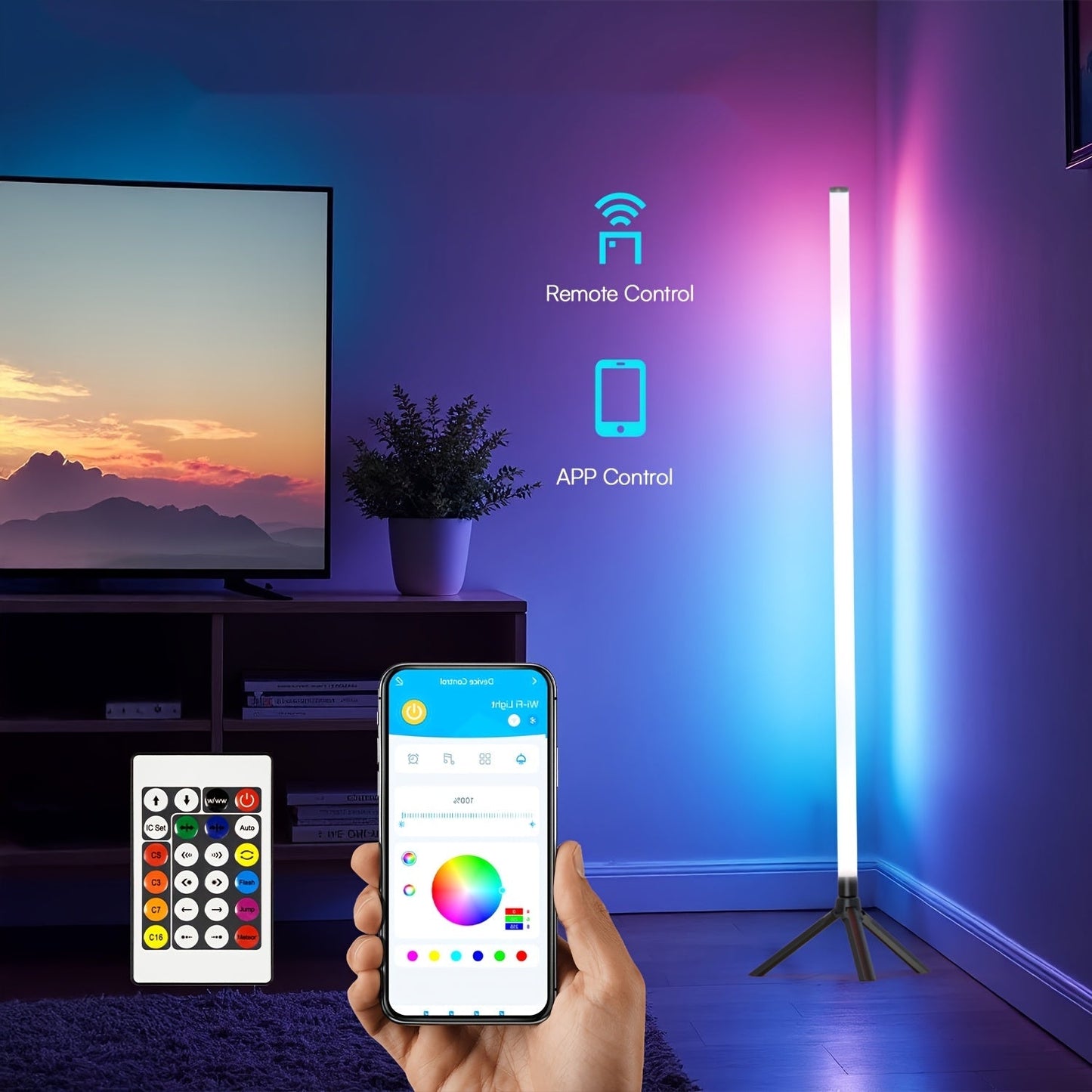 RGB Tube Floor Lamp 360° with Stand – App & 24-Key Remote Music Sync 16 Million Colors Dimmable Timer Mood Light for Bedroom Gaming Room DJ