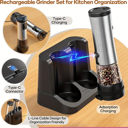 Electric Salt and Pepper Grinder Set Rechargeable USB Large with Base Adjustable Coarseness LED Display Kitchen Gift Silver Black