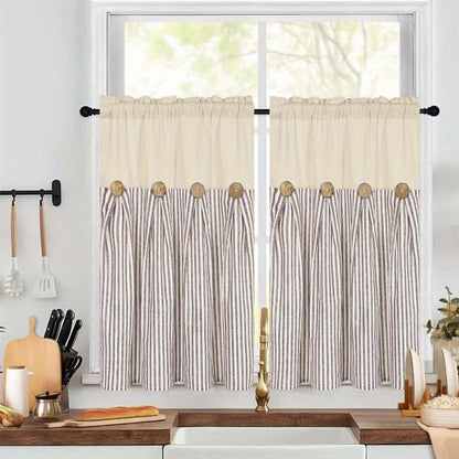 Striped Patchwork Window Curtain Set with Rod-Pocket Top, Six Colors and Five Panel-Count or Size Options