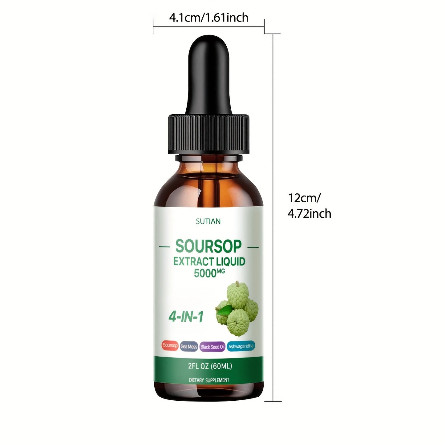 Dietary Supplement Soursop Liquid Drops with Black Seed Oil, Ashwagandha and Seaweed, 2 fl oz