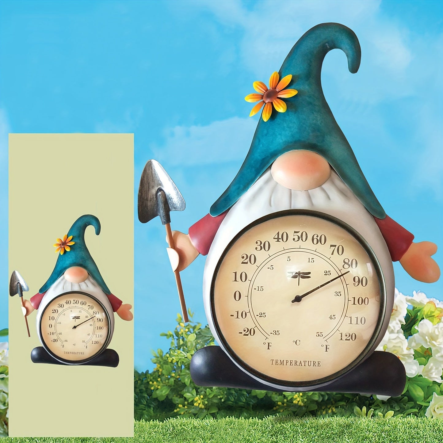 Outdoor Thermometer | Metal Gnome Wall Decor Patio Garden No Battery