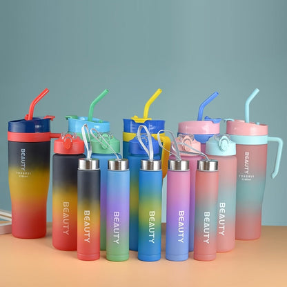 Tumbler Set 3pcs Gradient Color Frosted Plastic Water Cup with Straw Double Drinking Large for Entryways, Bedrooms and Living Spaces