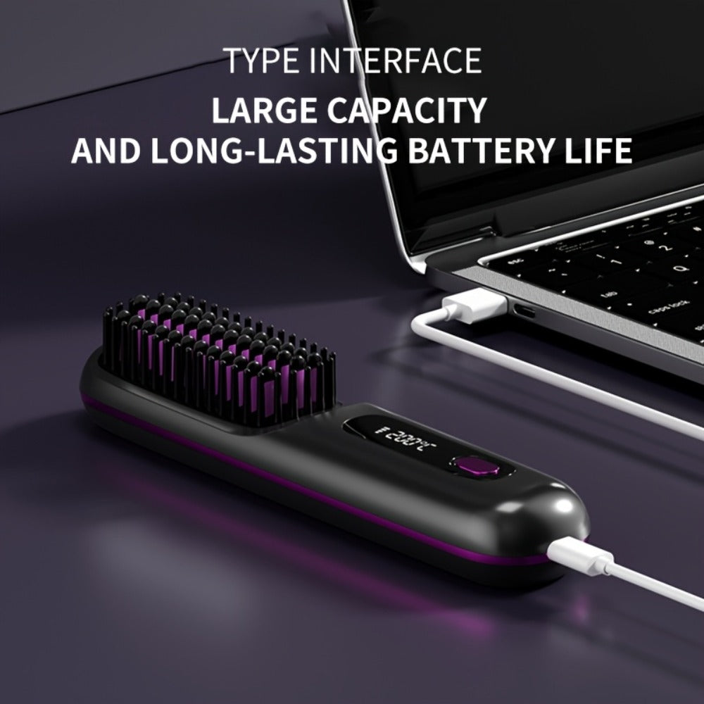 Compact Rechargeable Straightening Brush in Black or White with Display, Comb and USB Cable