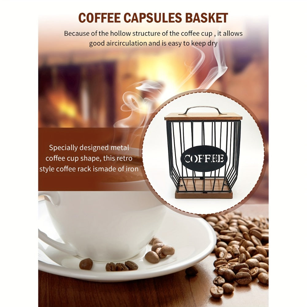 K-Cup Coffee Pod Holder Rack with Lid – Large Capacity Black Metal Square Coffee Capsule Storage Organizer with Wooden Base