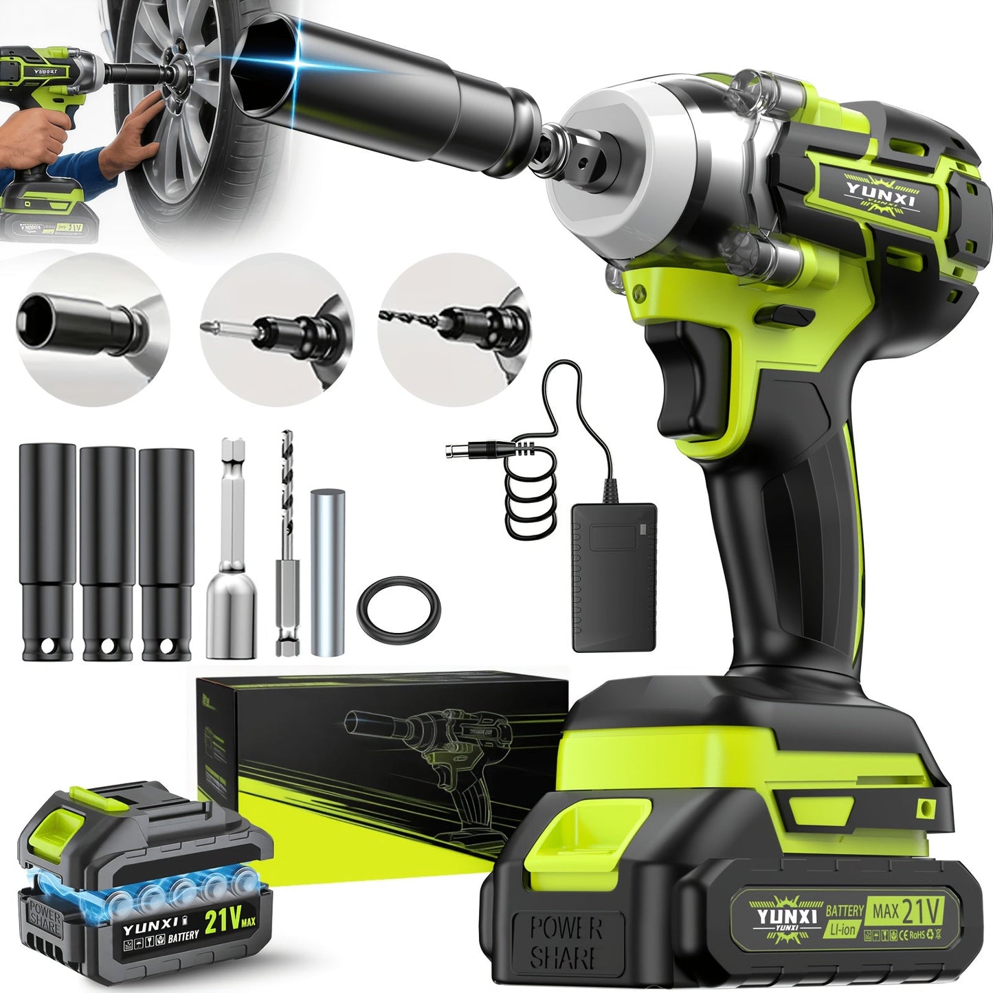 Cordless Impact Wrench Brushless Motor 3-in-1 High Torque, Rechargeable Battery, Design, Variable Speed