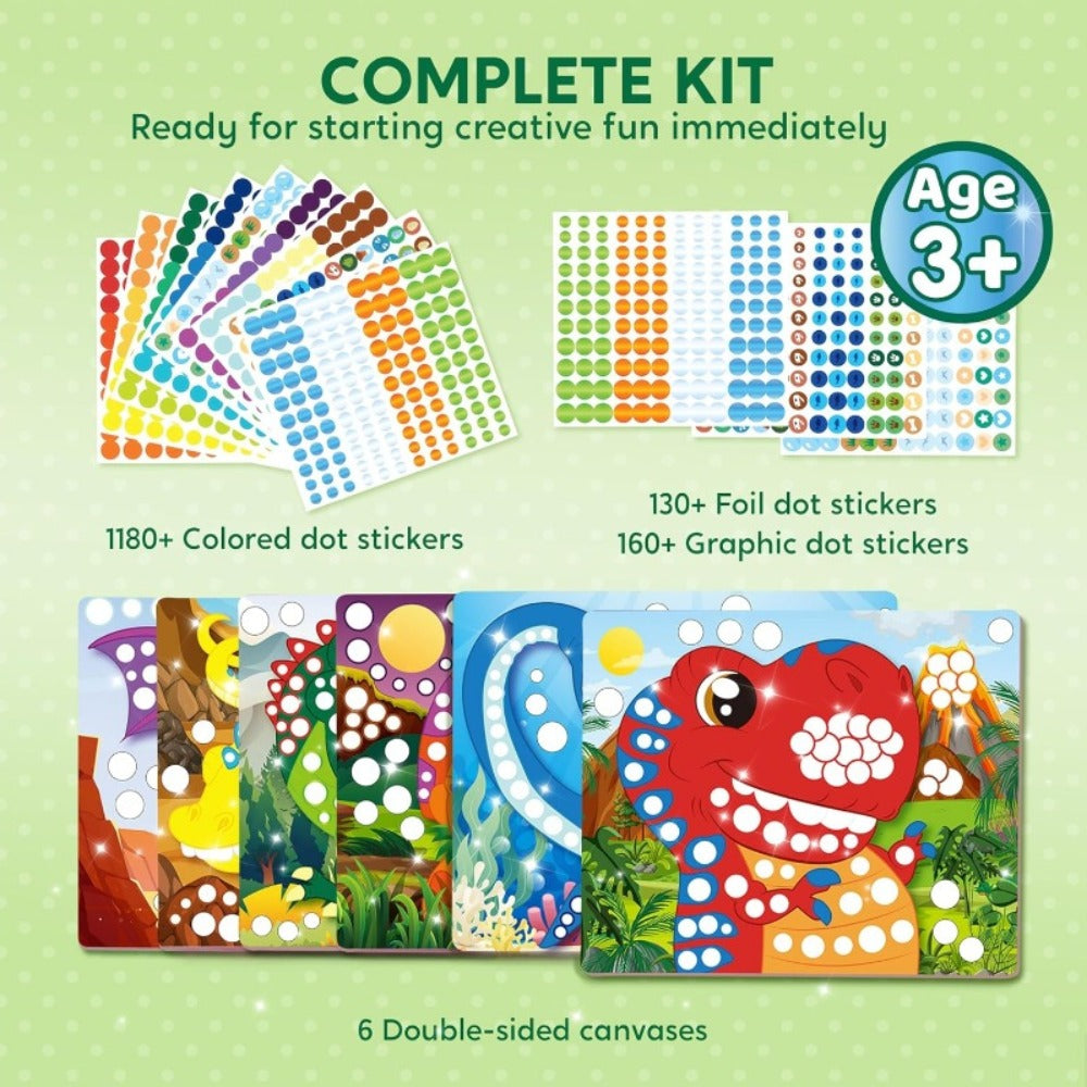 Dinosaur Dot Sticker Art Kit with 12 Picture Canvases and More Than 1, 400 Colored Dot Stickers