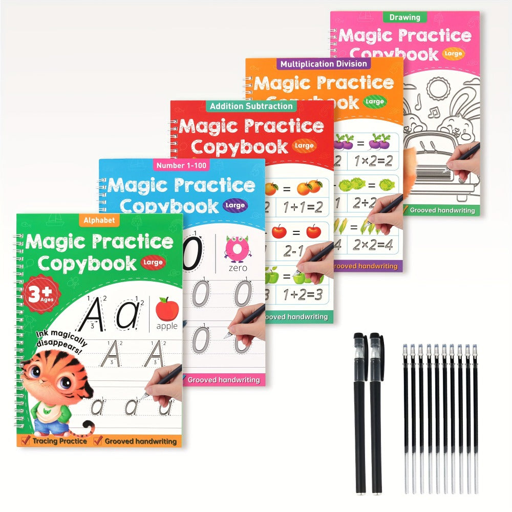 Magic Grooved Handwriting Practice Book for Kids Ages 3-8 – Reusable 5-in-1 Tracing Workbook for Letters Numbers Drawing Math