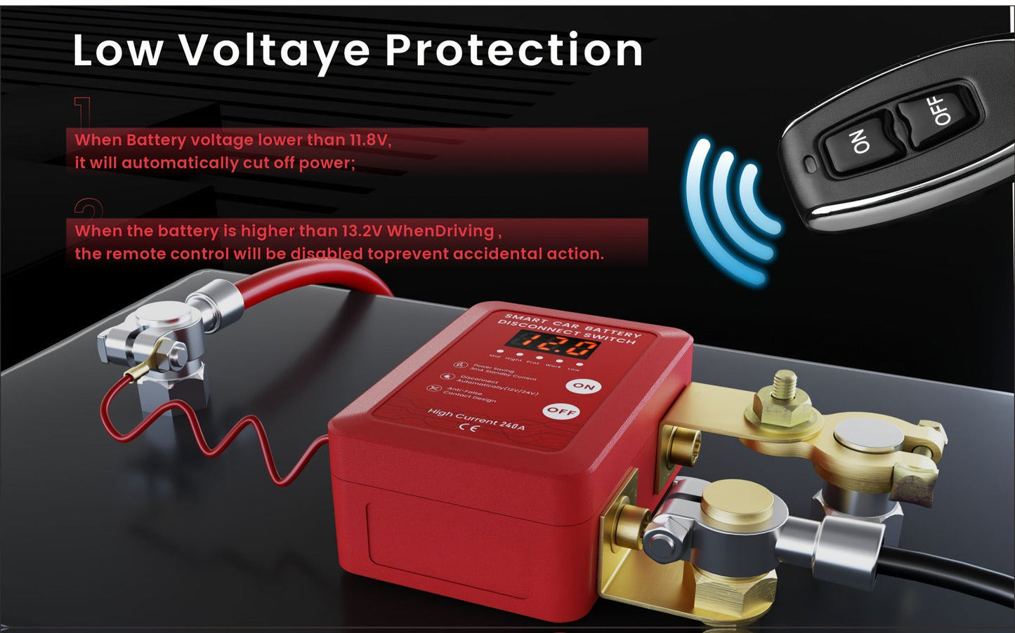 Car Battery Auto Power Off Switch with LED Voltage Display – 12V/24V Anti-Drain Protection, Low Voltage Alarm