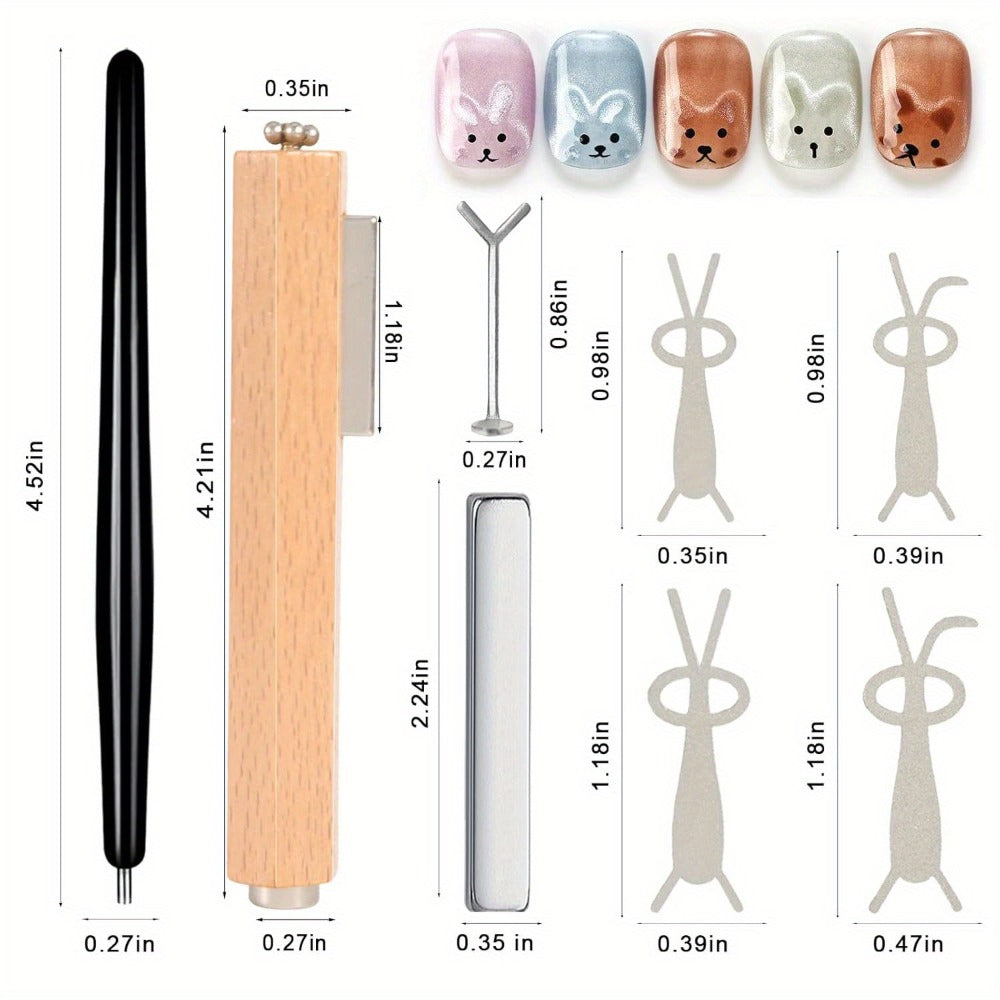 Cat Eye Nail Magnet Set 11pcs – 3-in-1 Magnet Stick with Heart & Bunny Designs, Strong Magnetic Tool for Cat Eye Gel Polish Nail Art