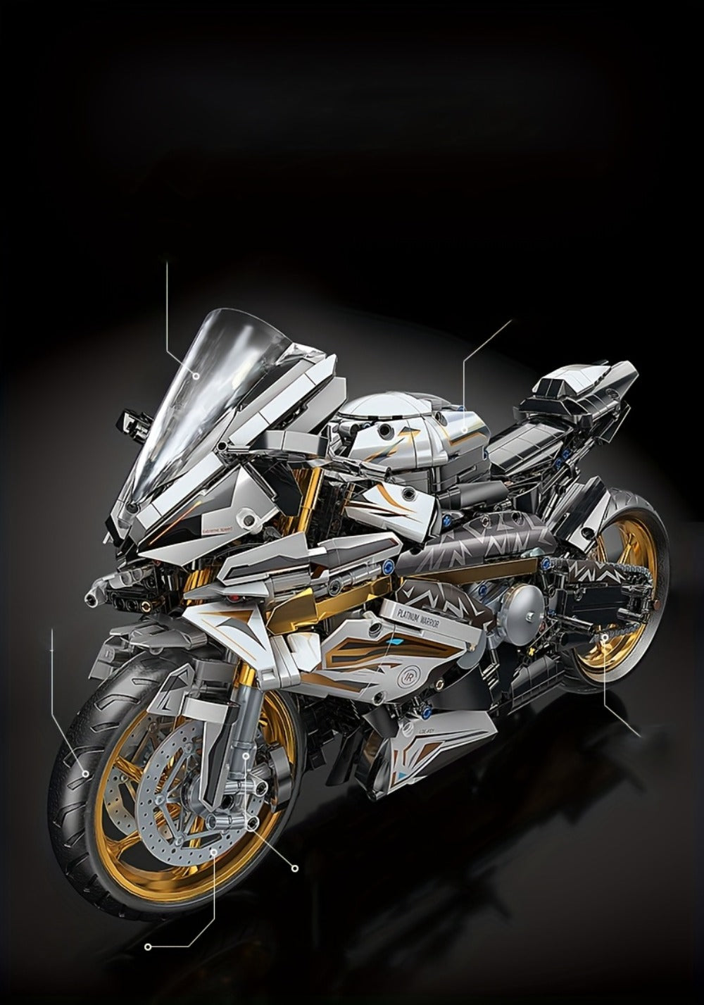 Motorcycle Building Blocks Model Kit 1:5 Scale 2000+ Pieces, Platinum Gold & White Collectible Brick Motorbike Display Set