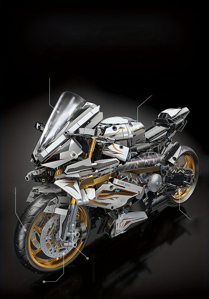 Motorcycle Building Blocks Model Kit 1:5 Scale 2000+ Pieces, Platinum Gold & White Collectible Brick Motorbike Display Set