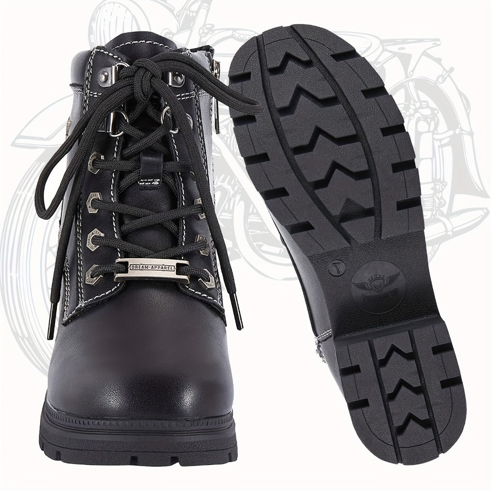 Women's Motorcycle Riding Boots, Low Heel Lace-Up Ankle Booties with Side Zipper, Non-Slip Rubber Sole Biker Combat Boots in Black Faux