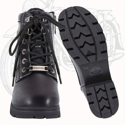 Women's Motorcycle Riding Boots, Low Heel Lace-Up Ankle Booties with Side Zipper, Non-Slip Rubber Sole Biker Combat Boots in Black Faux