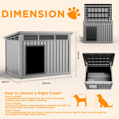 Outdoor Dog House Resin Kennel – All-Weather Slant Roof Dog Villa with Gas-Lift Ventilated Canopy, UV & Stormproof, Removable Top