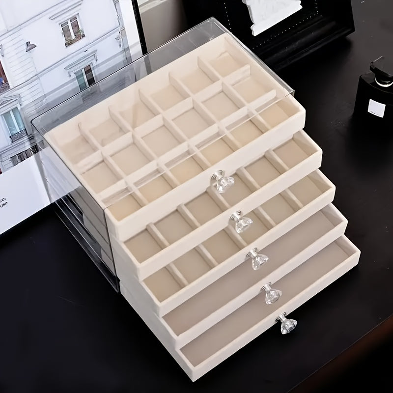 Jewelry Organizer 5-Tier 56-Grid Drawer Box in Gray or Beige for Rings, Earrings, Brooches and Hair Clips