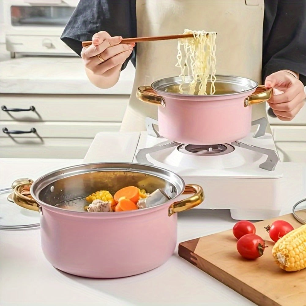 304 Stainless Steel Cookware Set with Golden Handles, 1/10/15pcs Deep Thick Soup Pot & Pan Set for Induction & Gas Stoves