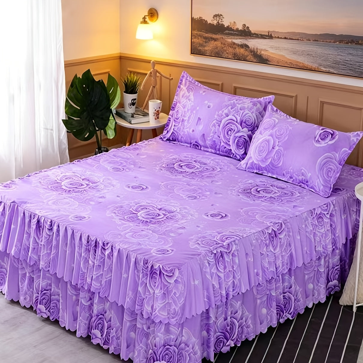 Floral Bed Skirt Set 3 Piece Tropical Print Ruffle Bed Skirt with 2 Pillowcases All-Season Polyester Machine Washable Bedroom Bedding Set