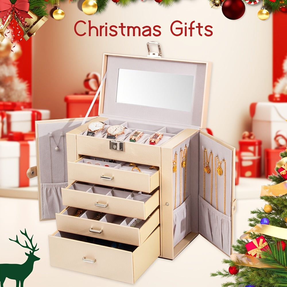 Jewelry Box, Five-Tier PU-Leather Organizer with Built-In Mirror, Key Lock and Three Color Options