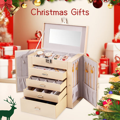 Jewelry Box, Five-Tier PU-Leather Organizer with Built-In Mirror, Key Lock and Three Color Options