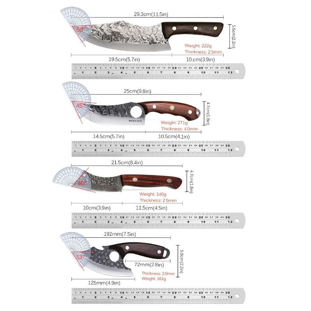 Kitchen Knife Set by WXYCOO, 3- or 4-Piece 5Cr15MoV Steel Hammered Blades with Curved Wood Handles