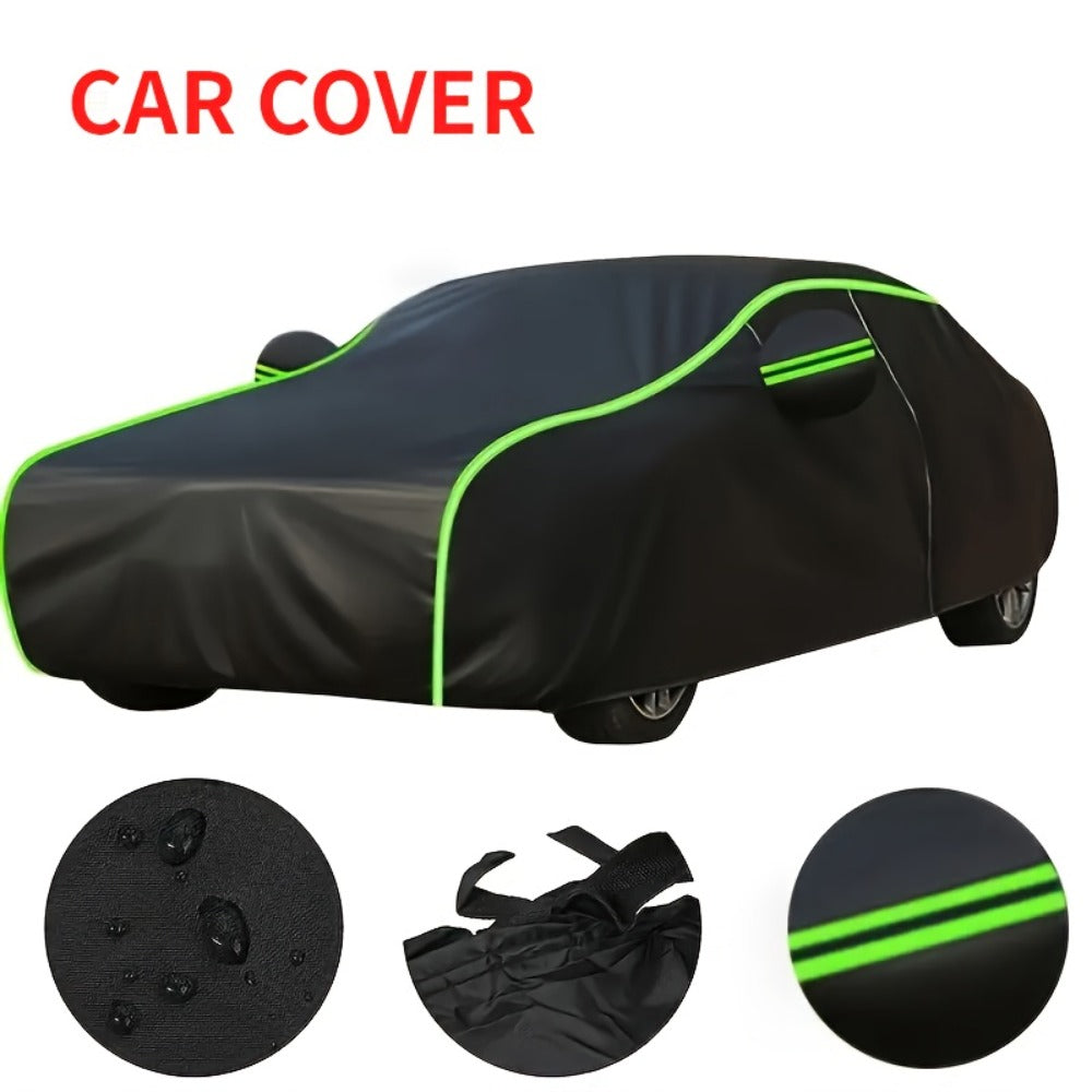 Black Full Car Cover with Green Reflective Trim in Six Sedan or SUV Sizes from 490 x 180 x 150 to 540 x 200 x 185 cm