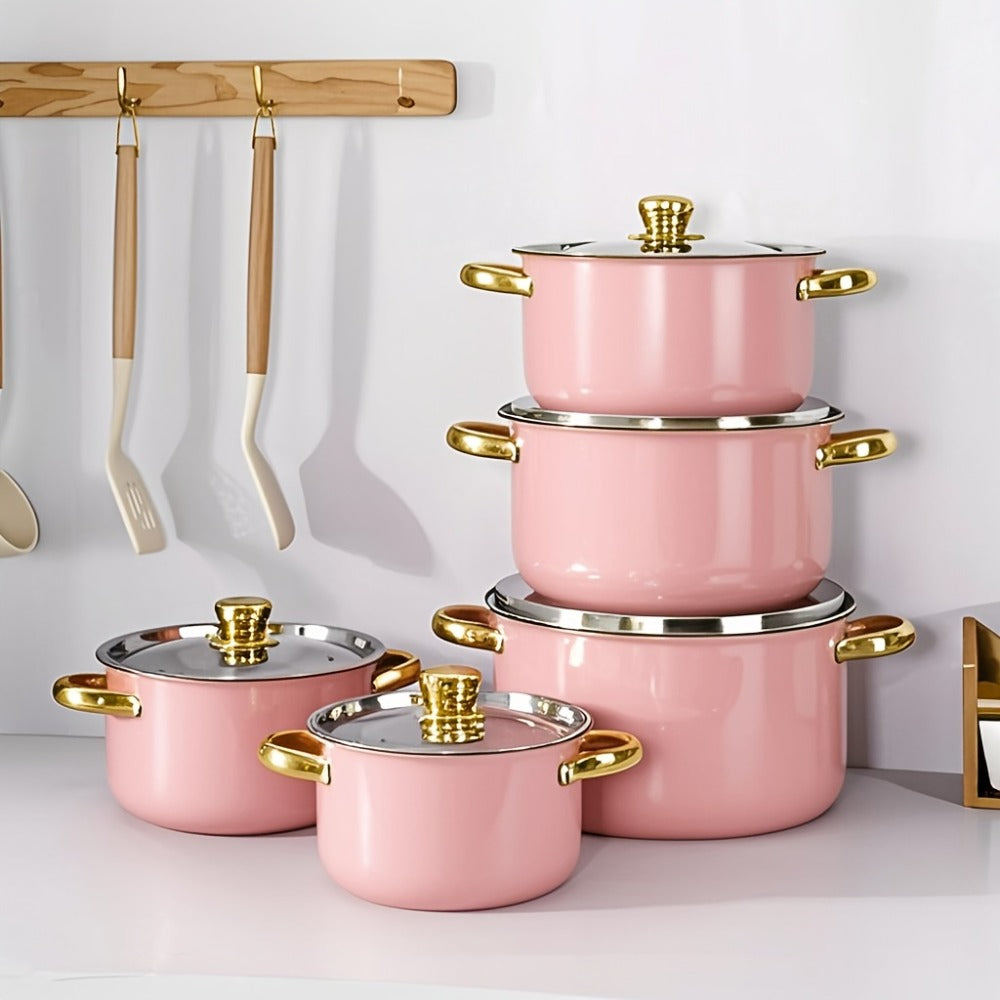 304 Stainless Steel Cookware Set with Golden Handles, 1/10/15pcs Deep Thick Soup Pot & Pan Set for Induction & Gas Stoves