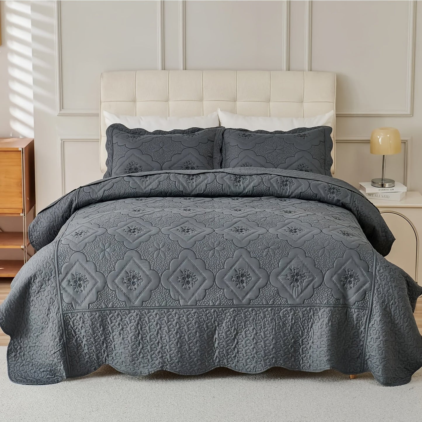 Quilt Set 3 Piece Floral Embroidery Bedspread – 100% Polyester Wrinkle Resistant Lightweight Quilted Coverlet with 2 Pillow Shams for Full
