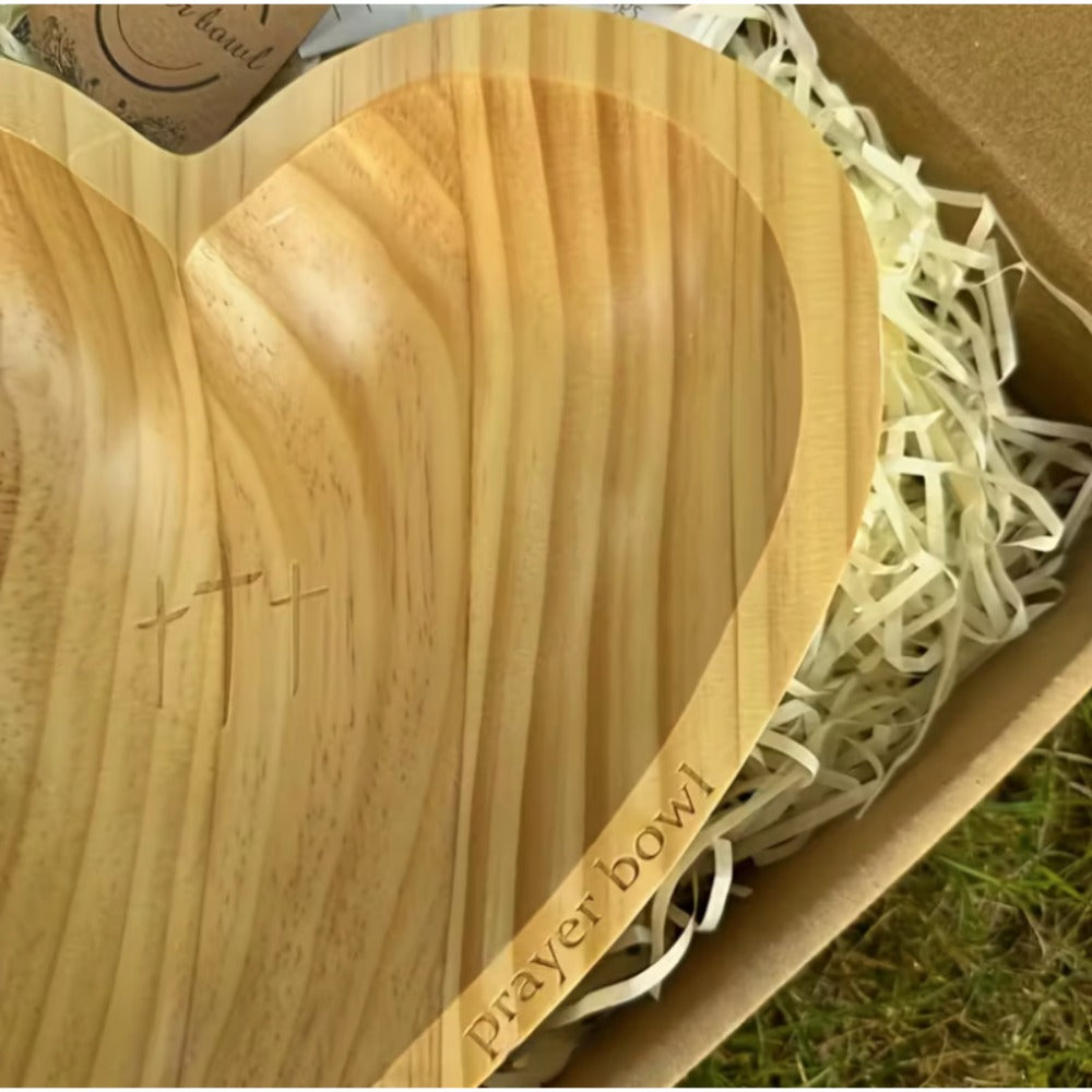 Wooden Prayer Bowl with 24 Prayer Cards – Hand-Carved Heart Shaped Cross Engraved Vintage Religious Gift Set for Easter, Christmas