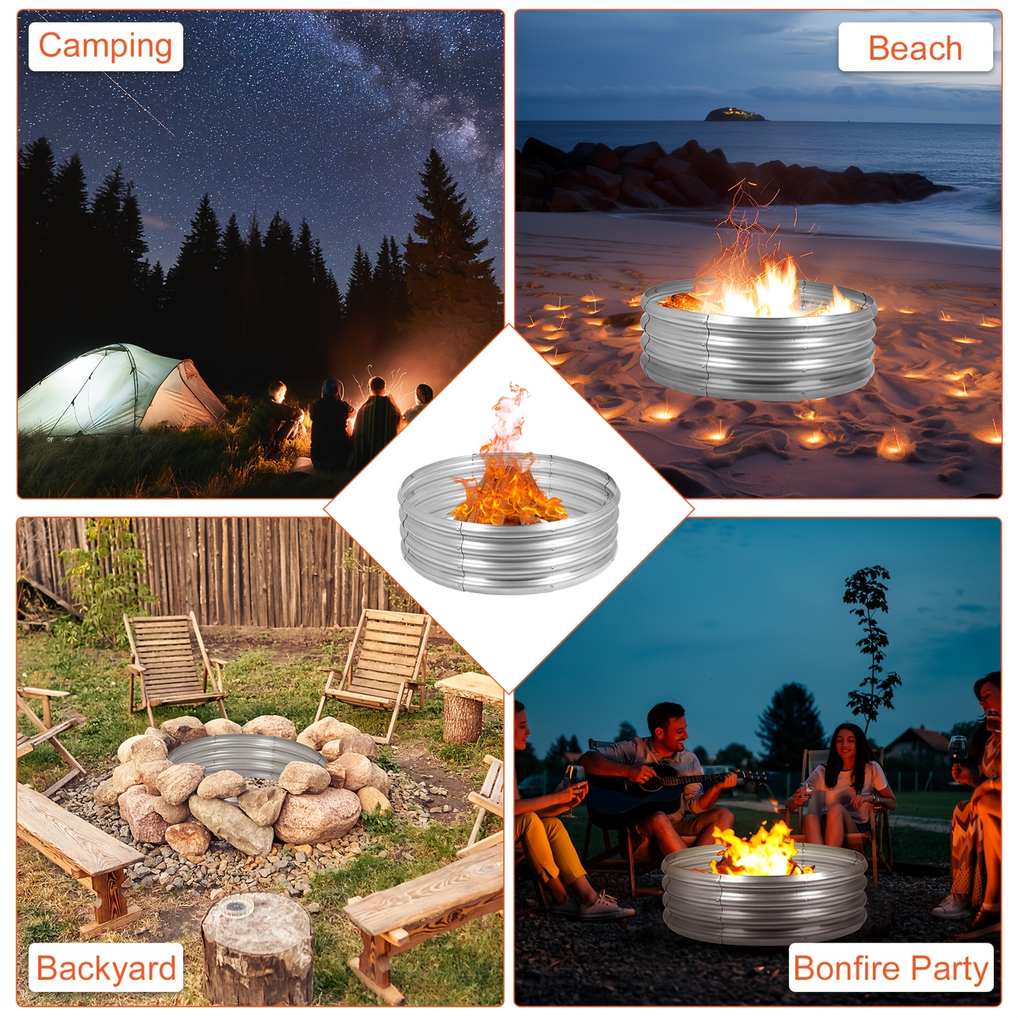 Galvanized Steel Fire Pit Ring Liner for Above Ground Wood Burning, Metal Firepit Insert for Backyard Camping Beach Park Outdoor Patio